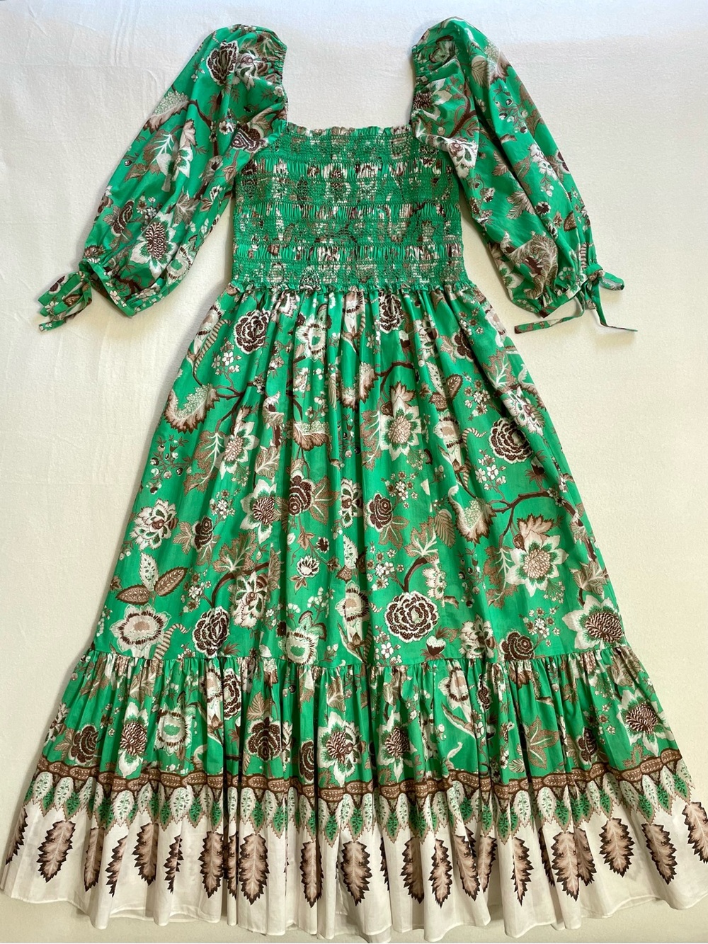 Cara Cara Jazzy Midi Dress Green Floral Smocked Puff Sleeve Cotton Cottagecore - Picture 11 of 16